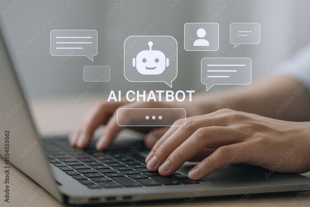 Poster ai chatbot interface concept: person typing on laptop keyboard with chat bubbles overlay