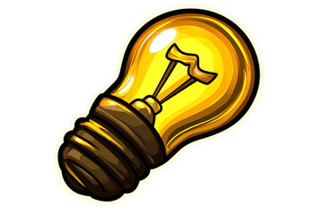 Cartoon-style light bulb glowing yellow, isolated on white or transparent png