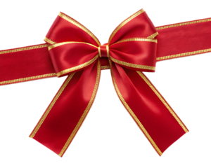 A shiny red bow with gold trim on a ribbon viewed from above against a black background in studio shot