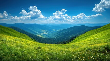 Obraz premium Green hills lead to distant mountains under a blue sky with white clouds.