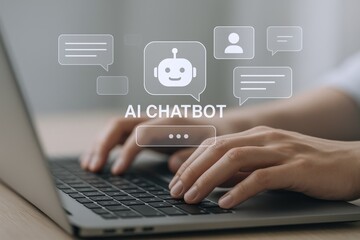AI Chatbot Interface Concept: Person Typing on Laptop Keyboard with Chat Bubbles Overlay