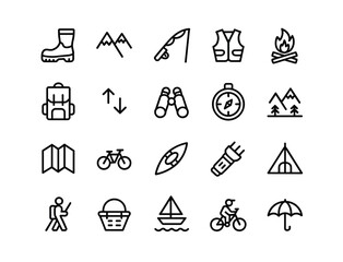 Fototapeta premium Set of 20 black and white line art icons for outdoor activities and travel activity