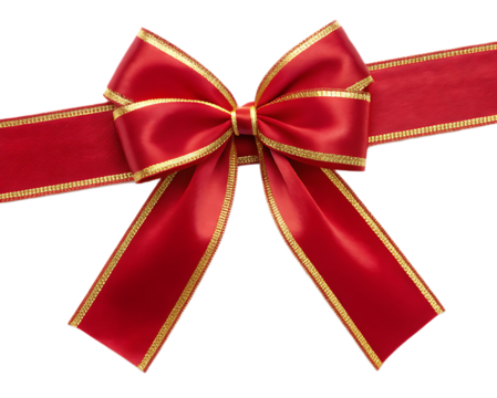 A shiny red bow with gold trim on a ribbon viewed from above against a black background in studio shot