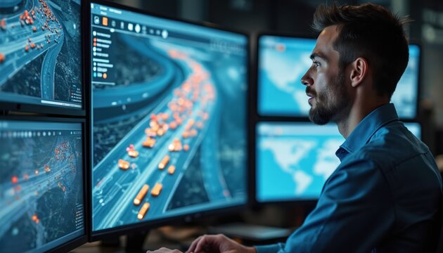 Man operates computers displaying live map data for truck fleet monitoring. Centralized control room manages logistics, optimizing delivery coordination, supply chain operations for transportation