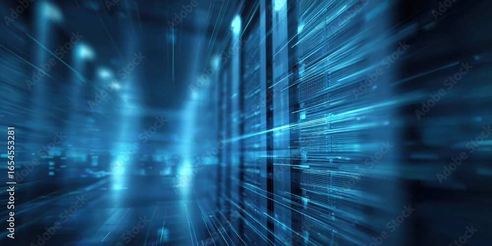 Poster abstract digital network: blue light streaks in server room for data processing and computing