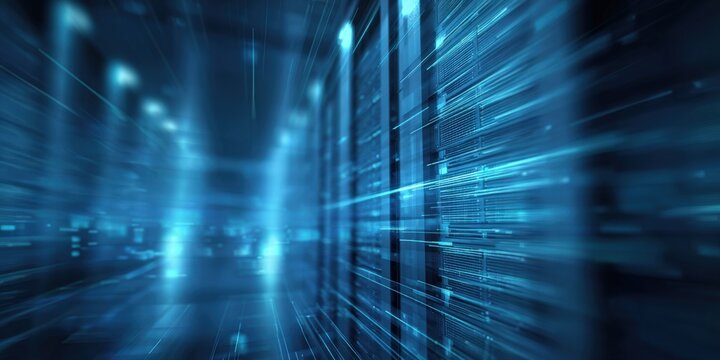 Abstract Digital Network: Blue Light Streaks in Server Room for Data Processing and Computing