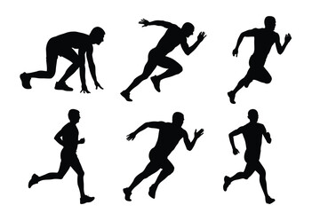 Silhouette Set of Athletes in Running and Sprinting Poses Isolated on White Background