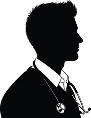 Medical professional silhouette profile vector, doctor with stethoscope in collared shirt, healthcare icon, cad drawing flat vector illustration