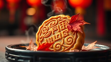 Steaming mooncake with ornate designs, paired with autumn leaves for China National Day.