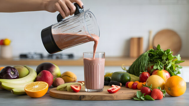 "Hands pouring a colorful smoothie into a glass from a blender, surrounded by fresh fruits and veget