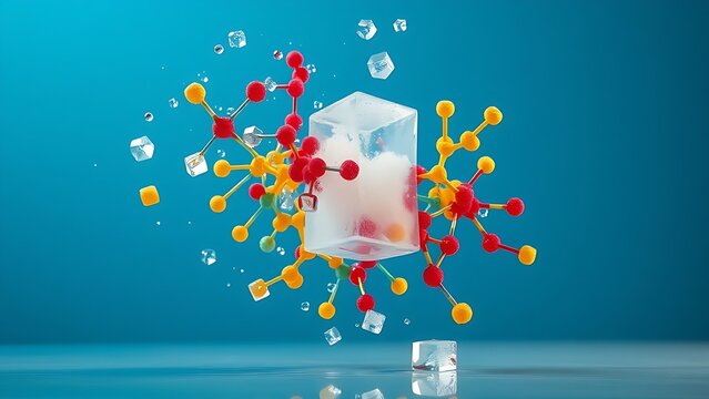 Floating sugar cubes dissolving into vibrant molecular structures, depicting metabolic balance.