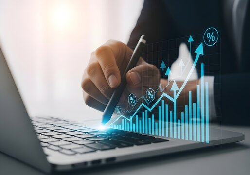 Business growth success financial analysis with upward trend graph overlay
