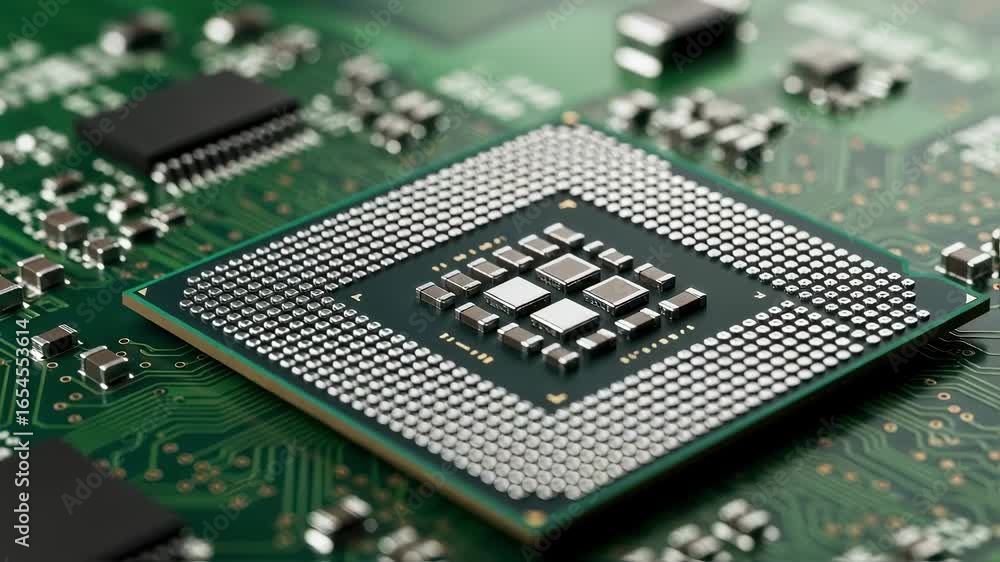 Poster extreme closeup of modern computing devices core processor set on green electronic substrate.