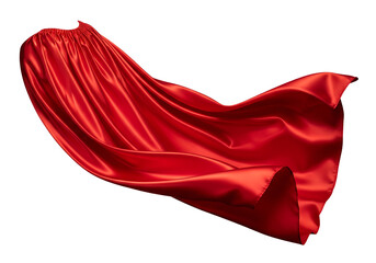 Flowing red silk superhero cape waving in the wind, shiny fabric texture. Isolated on transparent background, png
