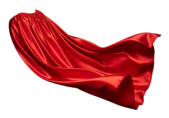 Flowing red silk superhero cape waving in the wind, shiny fabric texture. Isolated on transparent background, png