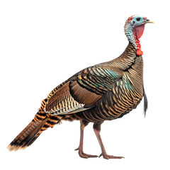 A full body shot of a turkey standing with a black background and colorful feathers and a red neck