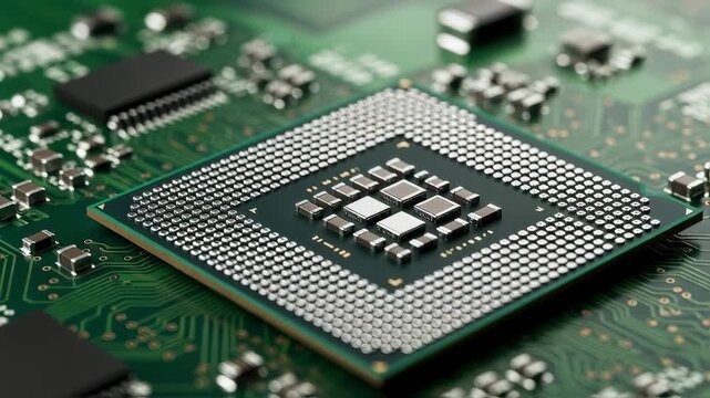 Extreme closeup of modern computing devices core processor set on green electronic substrate.