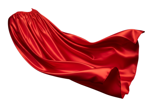 Flowing red silk superhero cape waving in the wind, shiny fabric texture. Isolated on transparent background, png