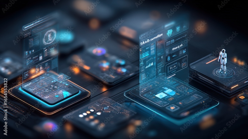 Poster futuristic technology interface on multiple devices displaying data, charts, and ai elements for inn