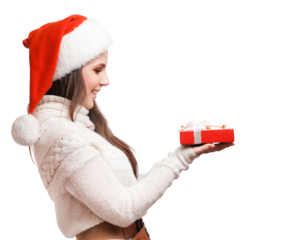 Smiling Woman Holding Christmas Gift in Santa Hat