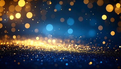 A dark background is adorned with shimmering gold and blue glitter, highlighted by warm golden and cool blue lights creating a festive and elegant mood.