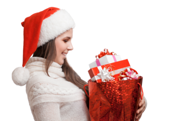 Woman Holding Festive Gift Bags on Transparent Background