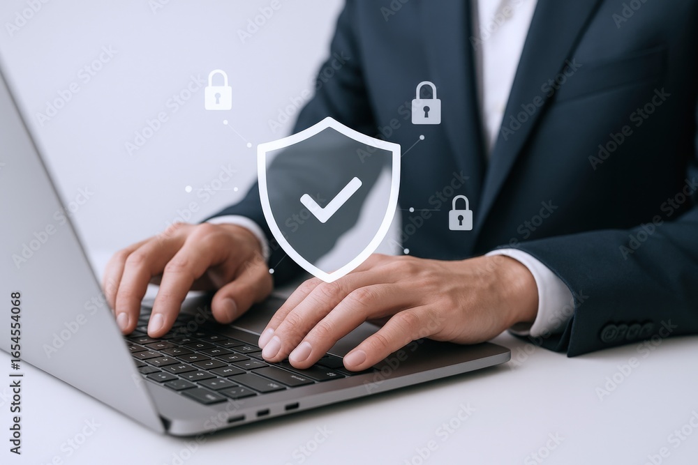 Aufkleber cybersecurity professional protecting data with laptop: security shield icon overlay for secure onli