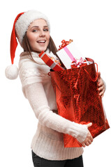 Smiling Woman Holding Holiday Gift Bag on Transparent Background