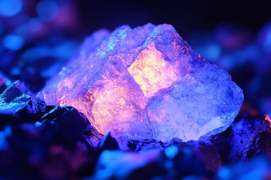 Uranium ore glows vividly under ultraviolet light, revealing its fluorescent properties in a laboratory setting. The intricate details highlight the minerals unique characteristics
