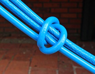 Close-up of Blue Cables Tied in a Knot against a Brick Wall Backdrop, Outdoors