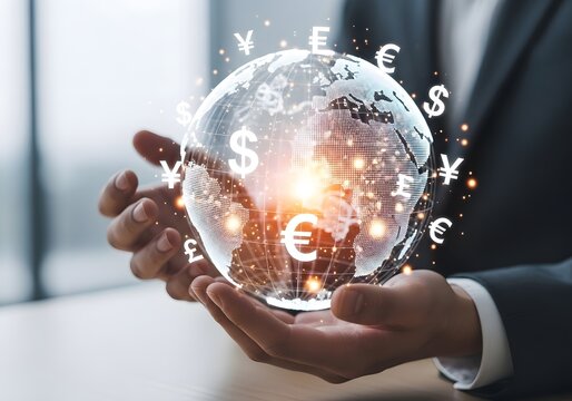 Businessman holds glowing globe with digital data and currency symbols in hands