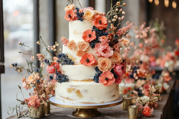 White wedding cake adorned with orange and pink flowers.