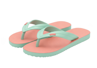 Pair of mint green and coral flip flops isolated on transparent background