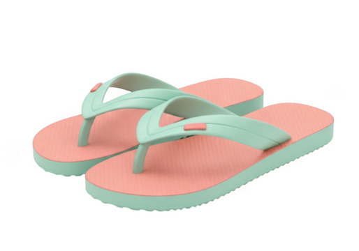 Pair of mint green and coral flip flops isolated on transparent background