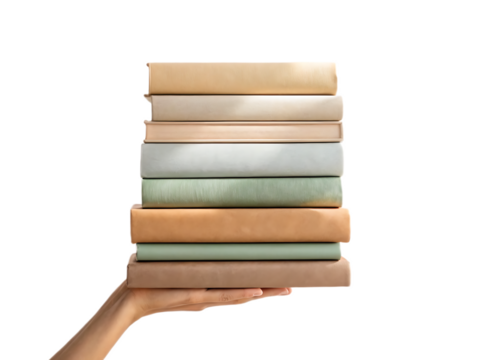 A single hand holding a stack of seven books with neutral colored covers against a black background space