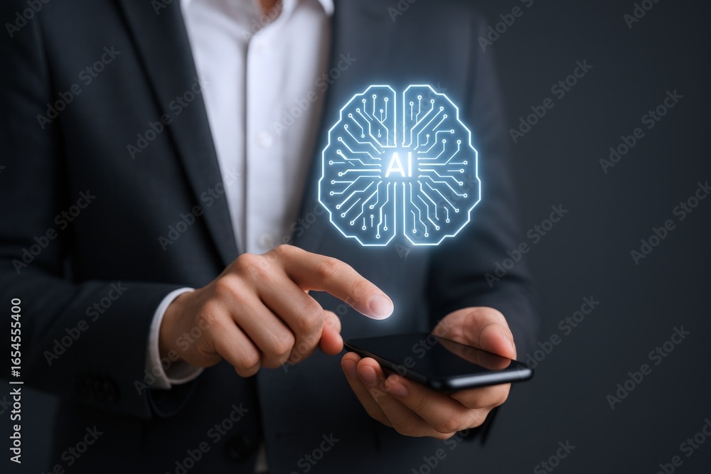Aufkleber ai brain interface on smartphone: businessman tapping into artificial intelligence technology for in