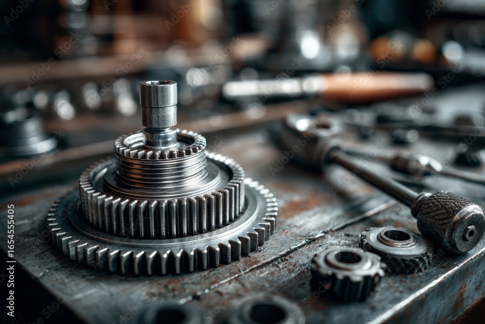 Poster a close-up view showcases a detailed cog and gear assembly resting on a workstation. surrounding too