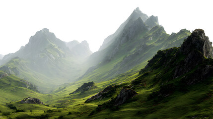 Obraz premium Lush Green Mountain Valley Serene Landscape with Rolling Hills and Mist Shrouded Peaks Nature's Untouched Beauty