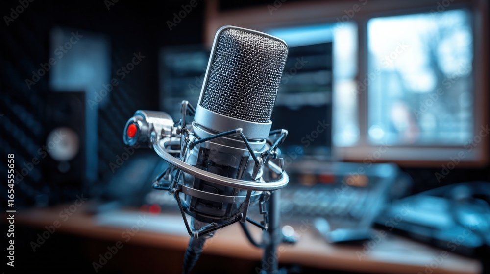 Poster studio microphone captures professional audio recording in soundproof booth for broadcasting and pod