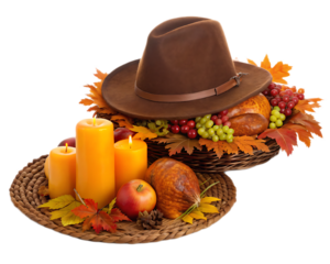 A festive thanksgiving display featuring a pilgrim hat fruits candles and autumn leaves on wicker baskets