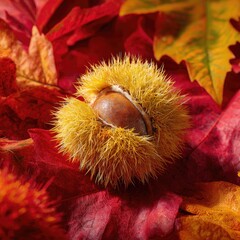 Chestnut in a prickly husk atop vibrant autumn leaves