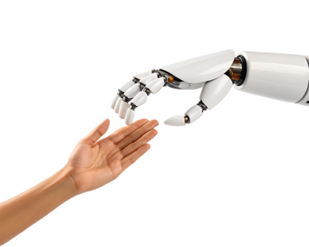 A human hand reaching towards a white robot hand on a black background in a technology concept