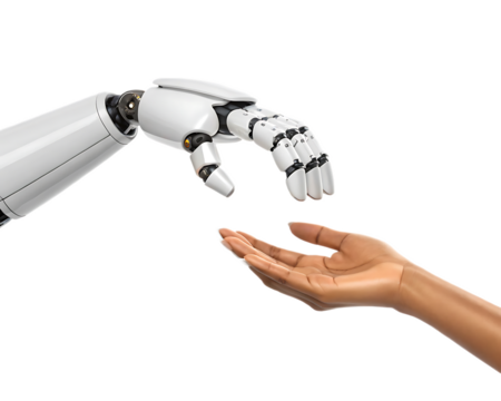 A robot hand reaching out towards a human hand on a black background in a studio setting