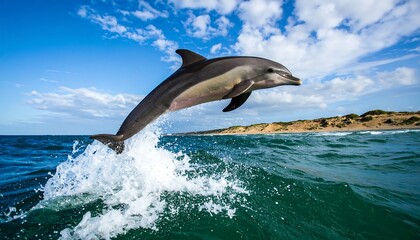 Fototapeta premium Majestic dolphin leaping gracefully through the ocean waves.
