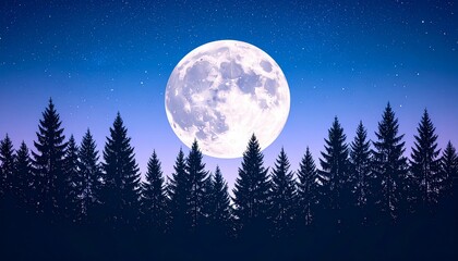 Serene moonlit night over a forest silhouette with sparkling stars above