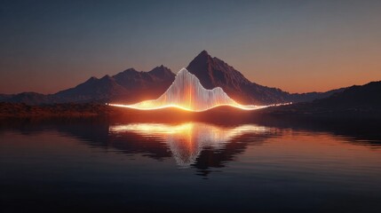 Abstract Luminous Data Visualization Over Mountain Lake at Sunset: Technology and Nature Fusion