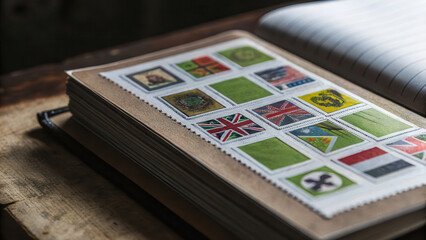 Collectible stamps from various countries displayed album, showcasing vibrant colors and intricate designs, evoke sense of nostalgia and adventure