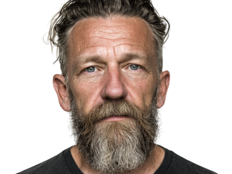 Portrait of middle-aged man with beard, authentic expression PNG white background - Powered by Adobe