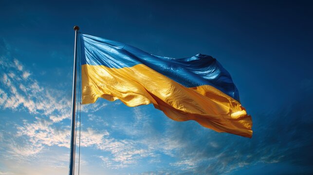 The Ukrainian flag waves in the wind, symbolizing resilience and the pursuit of peace with calls for a cessation of hostilities. Discussions for an armistice are underway for 2025 and 2026 - Powered by Adobe