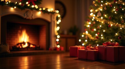 A classic Christmas background with a warm, cozy light and a decorated tree